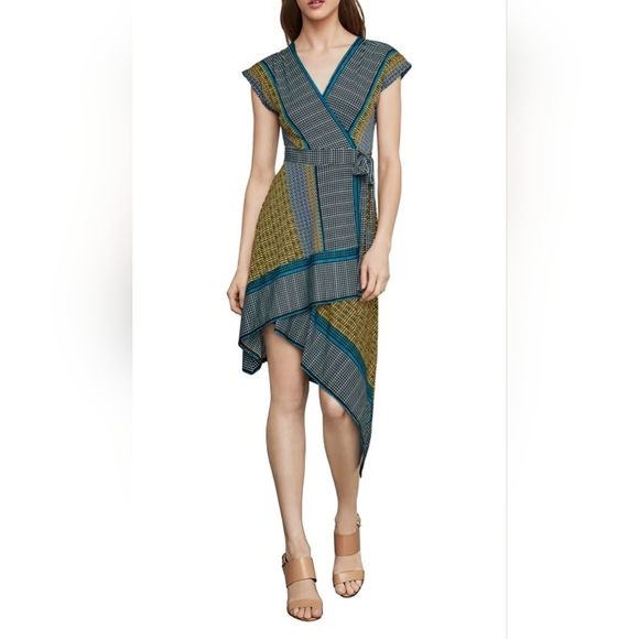 BCBGMaxAzria Dresses & Skirts - BCBGMAXAZRIA Asymmetrical Handkerchief Wrap Dress Sz Large Blue & Yellow V-neck